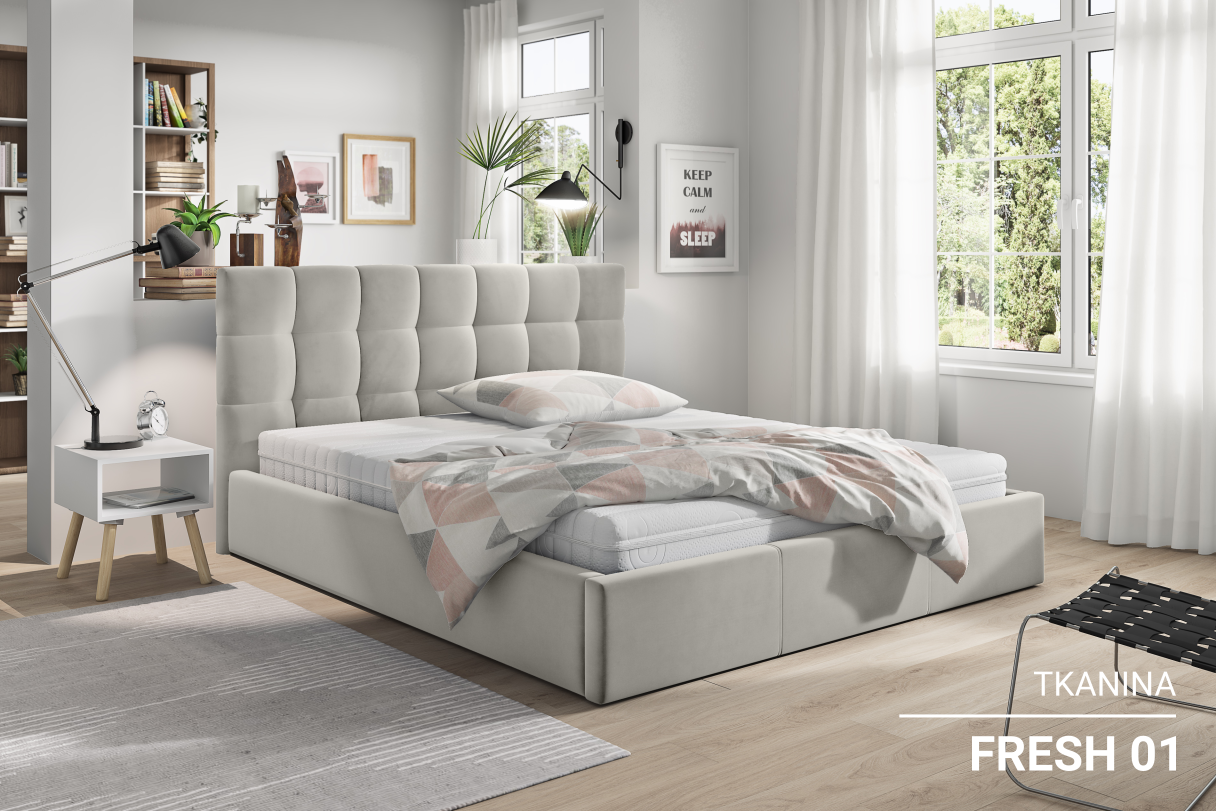 Łóżko tapicerowane DANY z pojemnikiem na pościel w jasno beżowej tkaninie FRESH 01