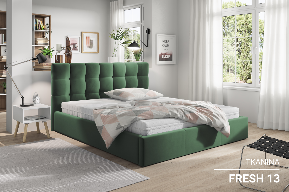 Łóżko tapicerowane ROXY z pojemnikiem na pościel w zielonej tkaninie FRESH 13 butelkowa zieleń