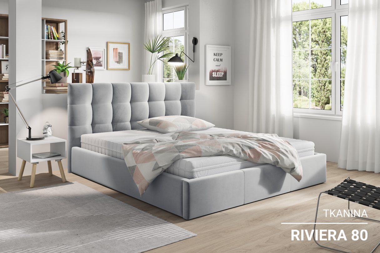 Łóżko tapicerowane DANY z pojemnikiem na pościel w jasnoszarej tkaninie RIVIERA 80