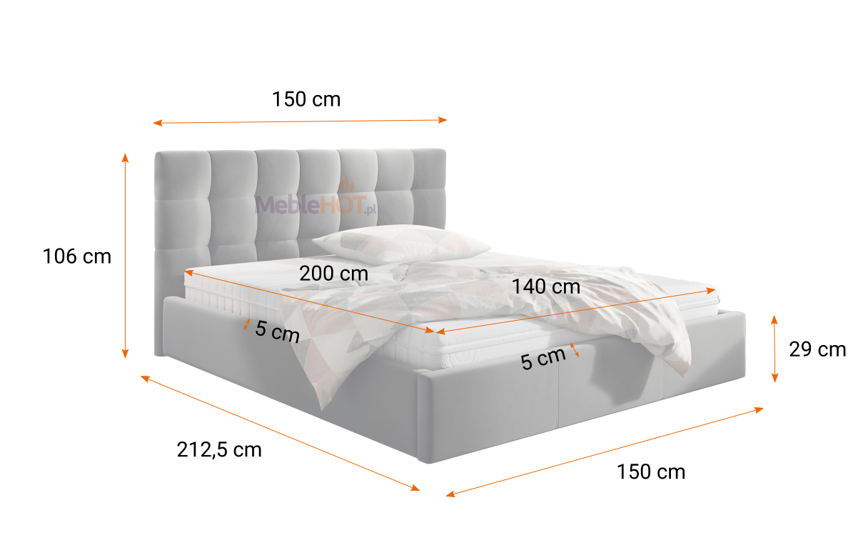 Łóżko tapicerowane DANY 140x200 - wymiary
