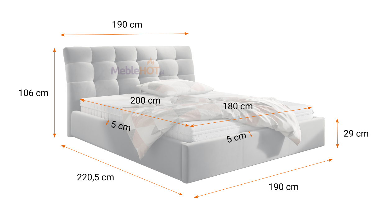 Zaokrąglane łóżko tapicerowane FLOYD 180x200 - wymiary