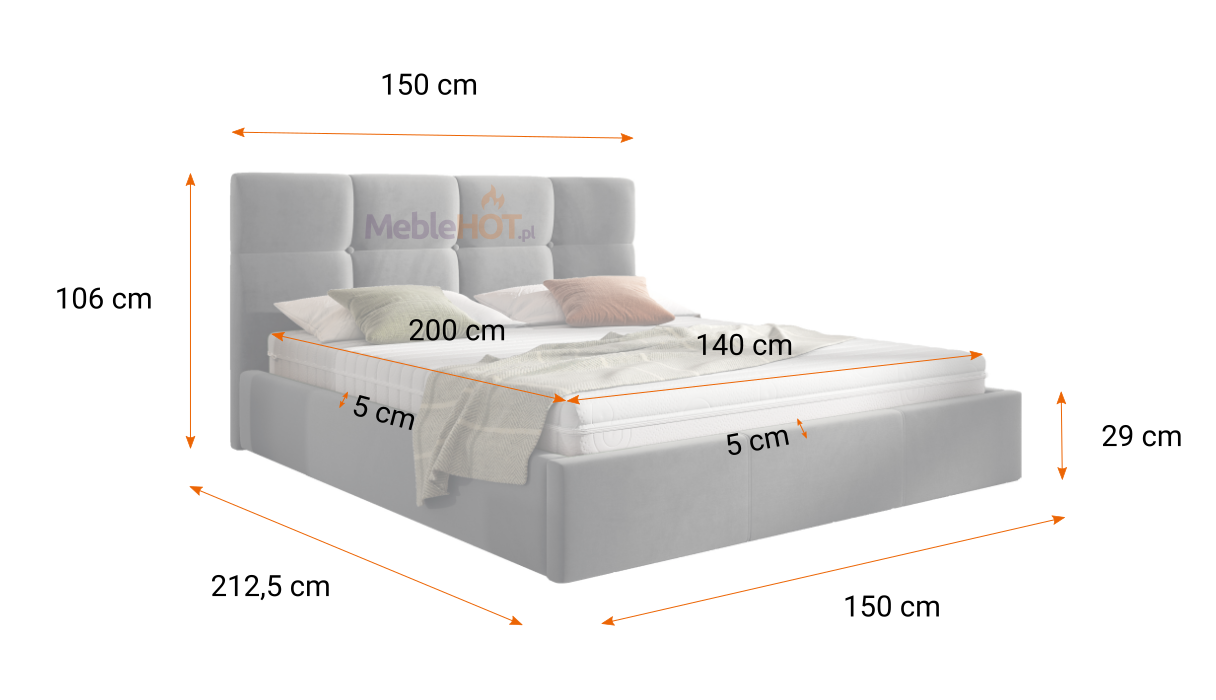 Wymiary łóżka tapicerowanego KORFU 140x200 - MebleHOT