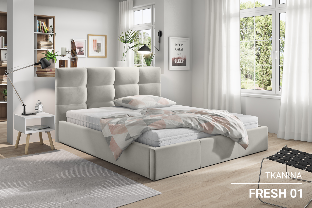 Łóżko tapicerowane ROXY z pojemnikiem na pościel w jasno beżowej tkaninie FRESH 01