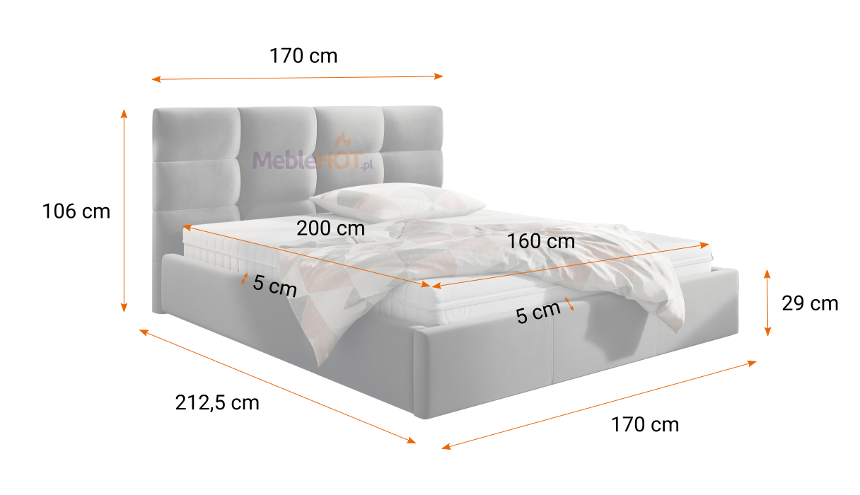 Wymiary łóżka tapicerowanego ROXY 160x200 cm
